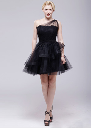 One Shoulder Black Lace Tulle Amazing Bridesmaid Dress